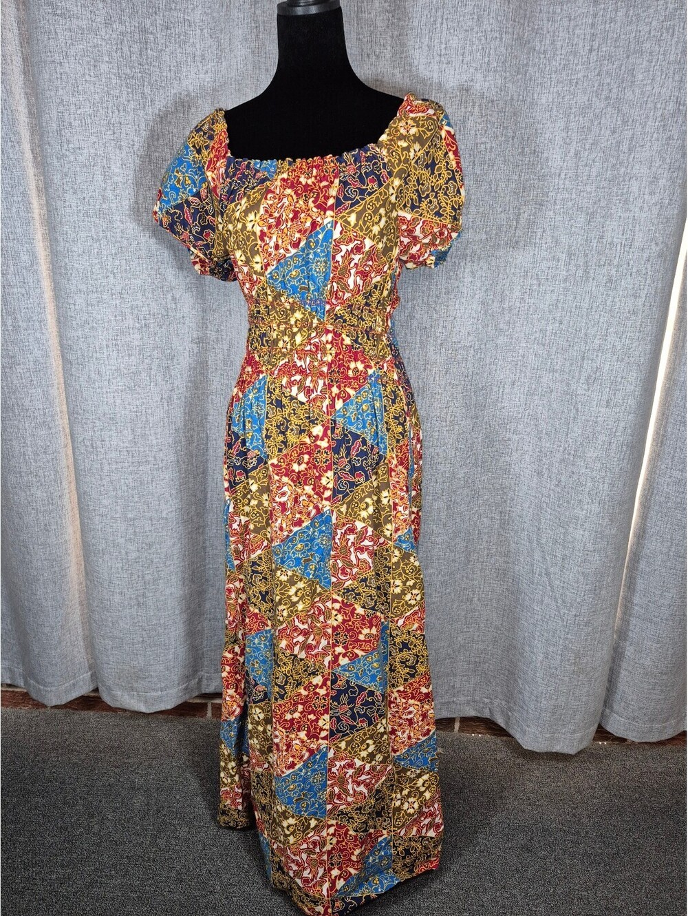 Boho Patchwork Print Maxi Dress Puff Sleeve Elastic Waist Cottagecore Unbranded
